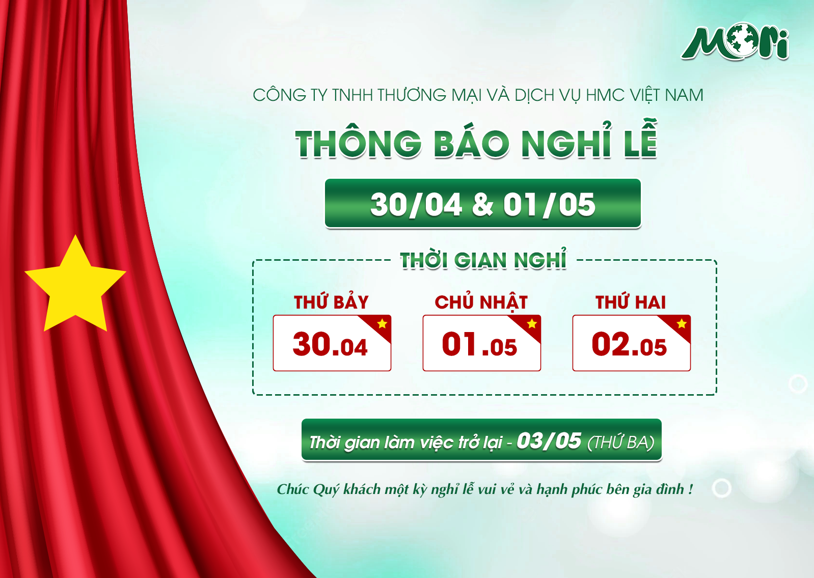 Mori Việt Nam thông báo lịch nghỉ lễ 30/04 & 01/05